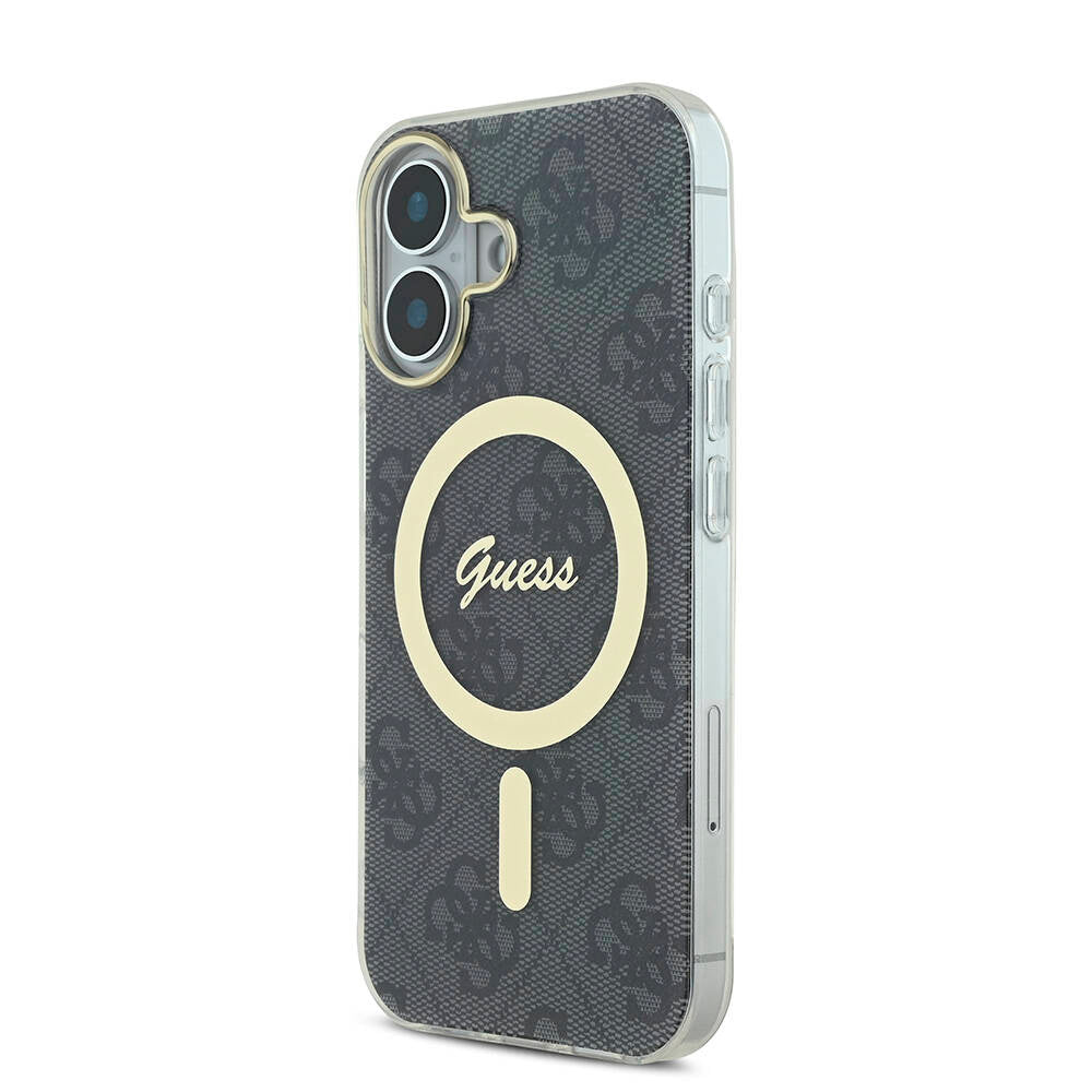 Apple iPhone 16 Plus Kılıf Guess Orjinal Lisanslı M-safe Şarj Özellikli Yazı Logolu 4G Desenli Kapak Kahverengi