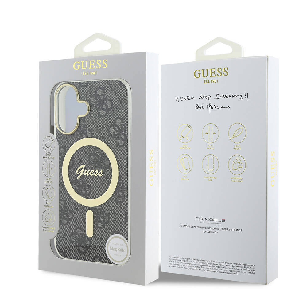 Apple iPhone 16 Plus Kılıf Guess Orjinal Lisanslı M-safe Şarj Özellikli Yazı Logolu 4G Desenli Kapak Kahverengi