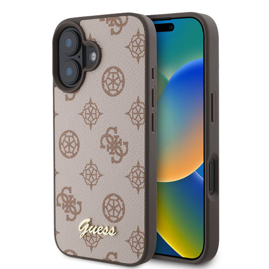 Apple iPhone 16 Plus Kılıf Guess Orjinal Lisanslı M-safe Şarj Özellikli Yazı Logolu Peony Kapak Kahverengi