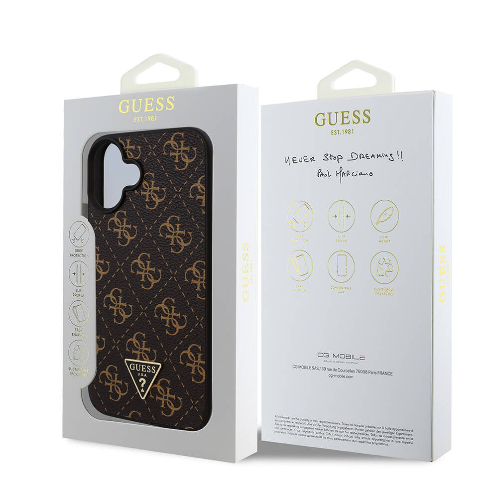 Apple iPhone 16 Plus Kılıf Guess Orjinal Lisanslı PU Deri 4G Desenli Üçgen Logolu Kapak Siyah