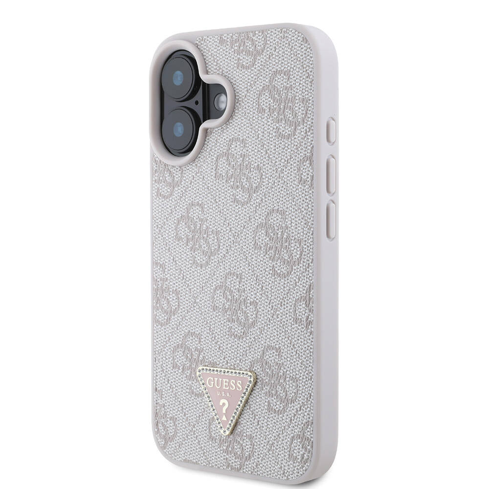 Apple iPhone 16 Plus Kılıf Guess Orjinal Lisanslı PU Deri Taşlı Metal Üçgen Logolu Çapraz Vücut Askılı 4G Desenli Kapak Pembe