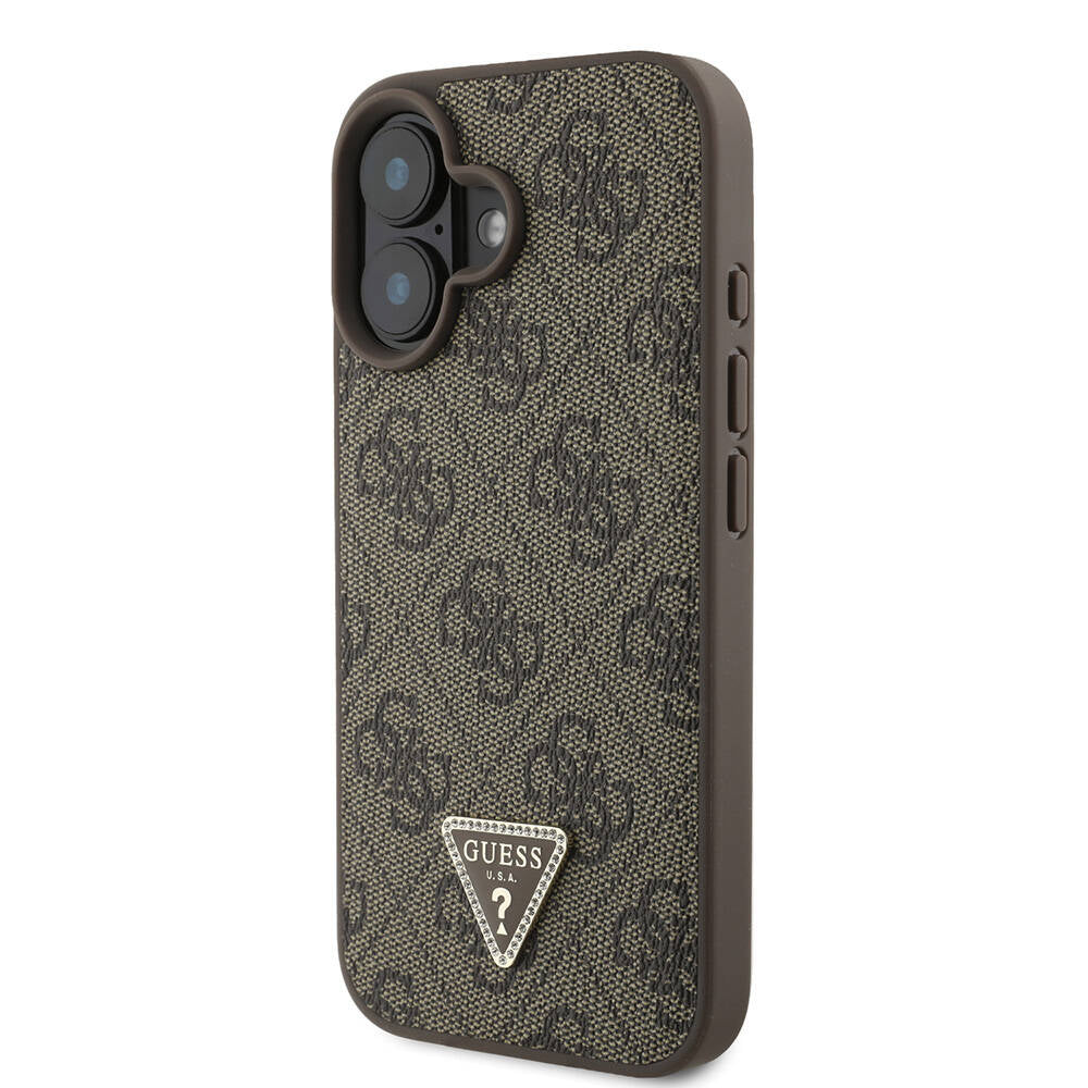 Apple iPhone 16 Plus Kılıf Guess Orjinal Lisanslı PU Deri Taşlı Metal Üçgen Logolu Çapraz Vücut Askılı 4G Desenli Kapak Pembe