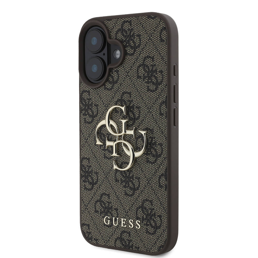 Apple iPhone 16 Plus Kılıf Guess Orjinal Lisanslı PU Deri 4G Desenli Metal Büyük 4G ve Yazı Logolu Kapak Kahverengi