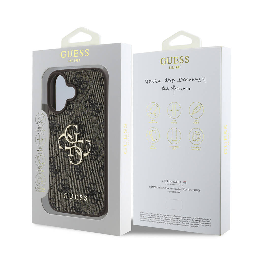 Apple iPhone 16 Plus Kılıf Guess Orjinal Lisanslı PU Deri 4G Desenli Metal Büyük 4G ve Yazı Logolu Kapak Pembe