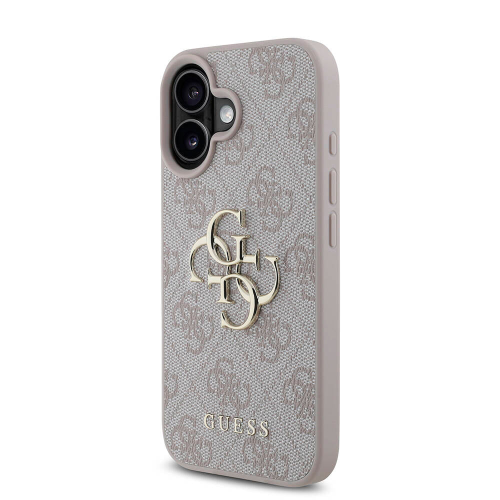 Apple iPhone 16 Plus Kılıf Guess Orjinal Lisanslı PU Deri 4G Desenli Metal Büyük 4G ve Yazı Logolu Kapak Pembe