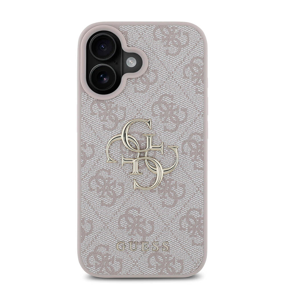 Apple iPhone 16 Plus Kılıf Guess Orjinal Lisanslı PU Deri 4G Desenli Metal Büyük 4G ve Yazı Logolu Kapak Kahverengi