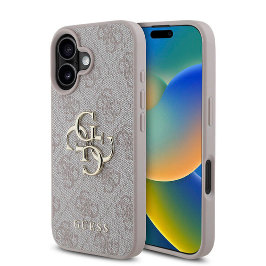 Apple iPhone 16 Plus Kılıf Guess Orjinal Lisanslı PU Deri 4G Desenli Metal Büyük 4G ve Yazı Logolu Kapak Pembe