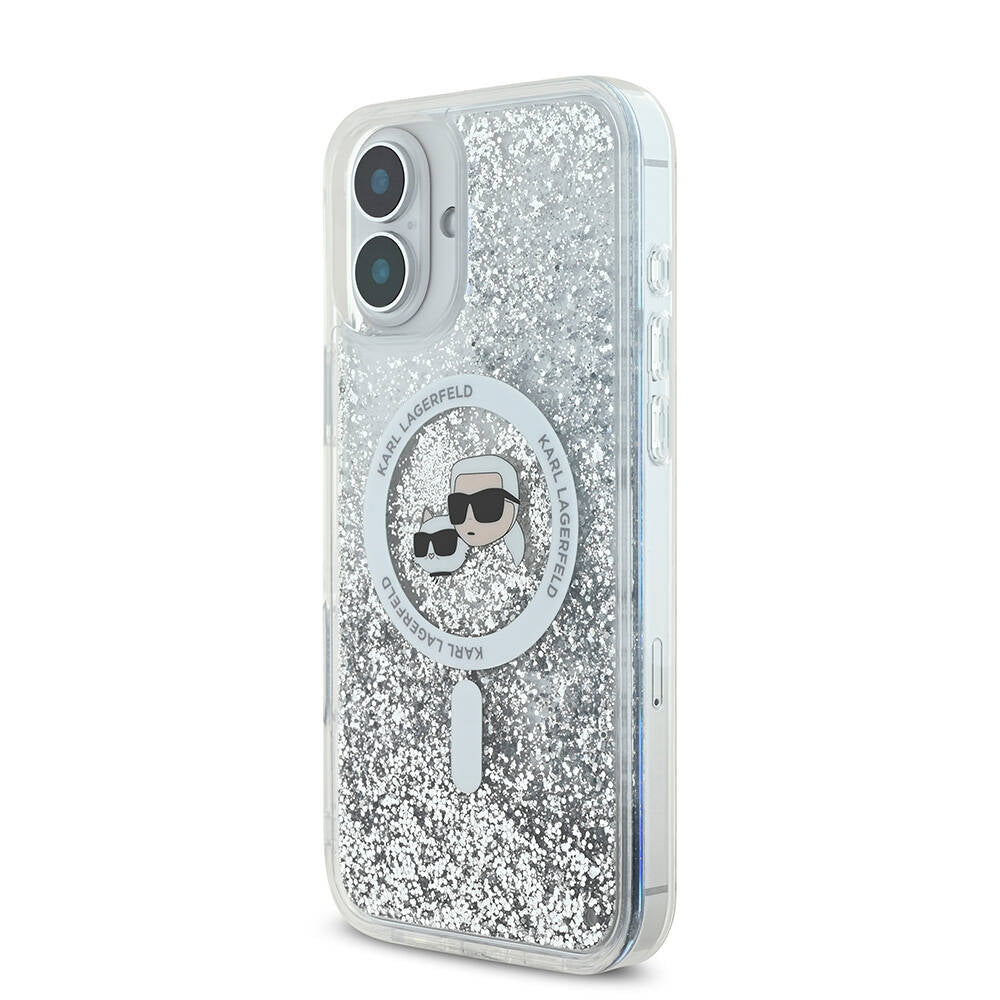 Apple iPhone 16 Plus Kılıf Karl Lagerfeld Orjinal Lisanslı M-safe Şarj Özellikli Sıvılı Simli K&C Heads Kapak Şeffaf