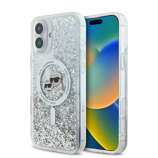 Apple iPhone 16 Plus Kılıf Karl Lagerfeld Orjinal Lisanslı M-safe Şarj Özellikli Sıvılı Simli K&C Heads Kapak Şeffaf