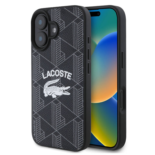 Apple iPhone 16 Plus Kılıf Lacoste Orjinal Lisanslı M-safe Şarj Özellikli Mono Vintage Logo Kapak Siyah
