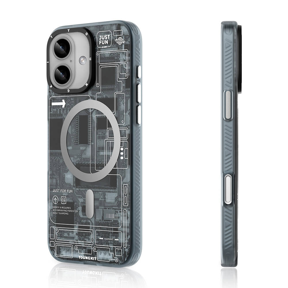 Apple iPhone 16 Plus Kılıf M-safe Şarj Özellikli Youngkit Technology Serisi Kapak Mavi