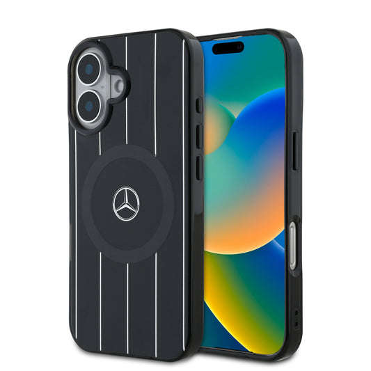 Apple iPhone 16 Plus Kılıf Mercedes Benz Orjinal Lisanslı M-safe Şarj Özellikli Çift Katmanlı Paralel Çizgi Desenli Kapak Siyah