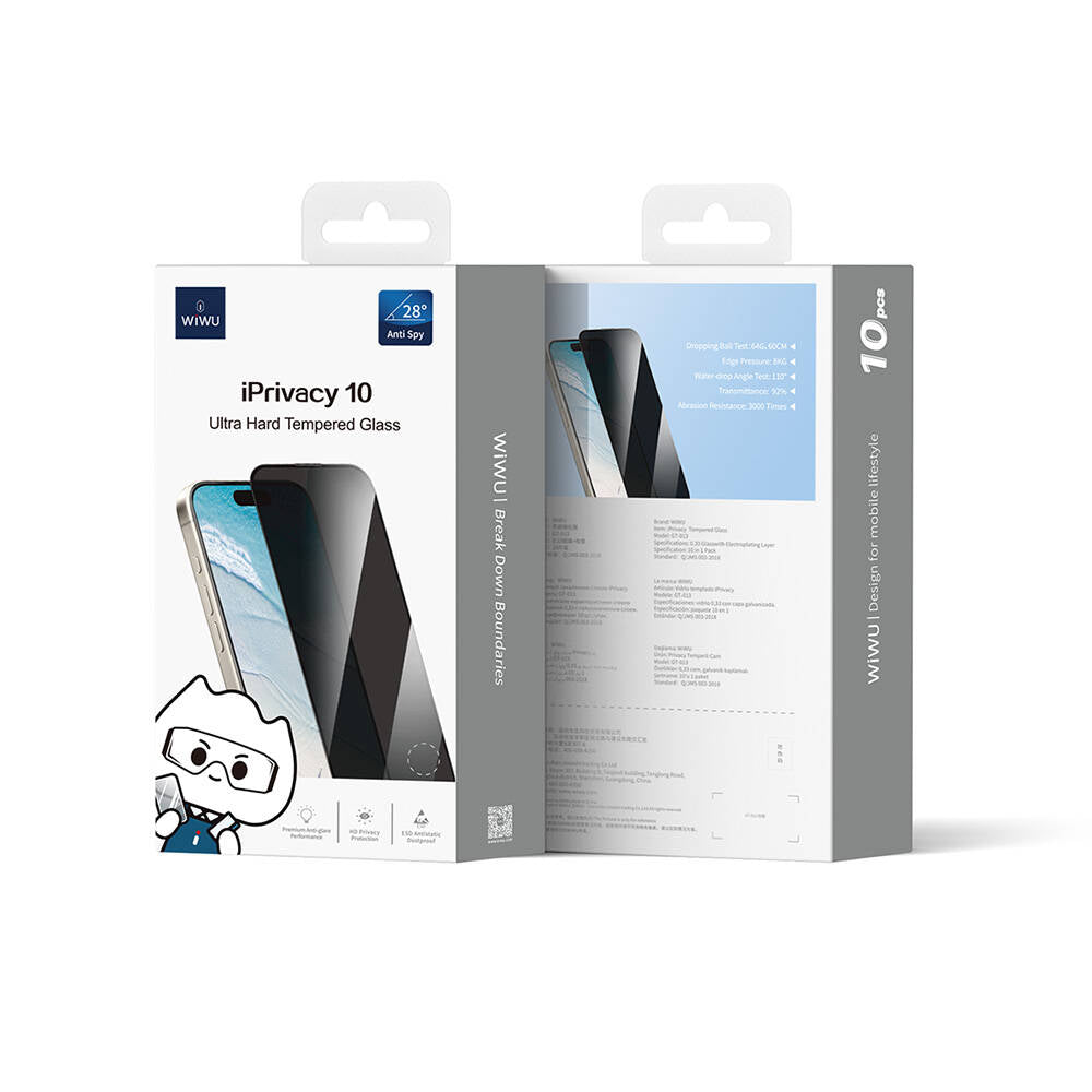 Apple iPhone 16 Plus Wiwu GT-015 Çok Katmanlı Temperli iPrivacy Cam Ekran Koruyucu 10'lu Paket Siyah