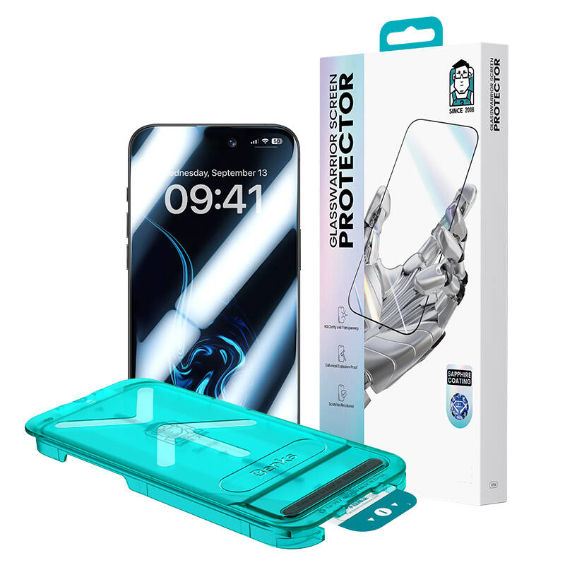Apple iPhone 16 Pro Benks Glass Warrior Safir Coating 0.9mm Kenarları Dayanıklaştırılmış Cam Ekran Koruyucu + Kolay Uygulama Aparatı Şeffaf