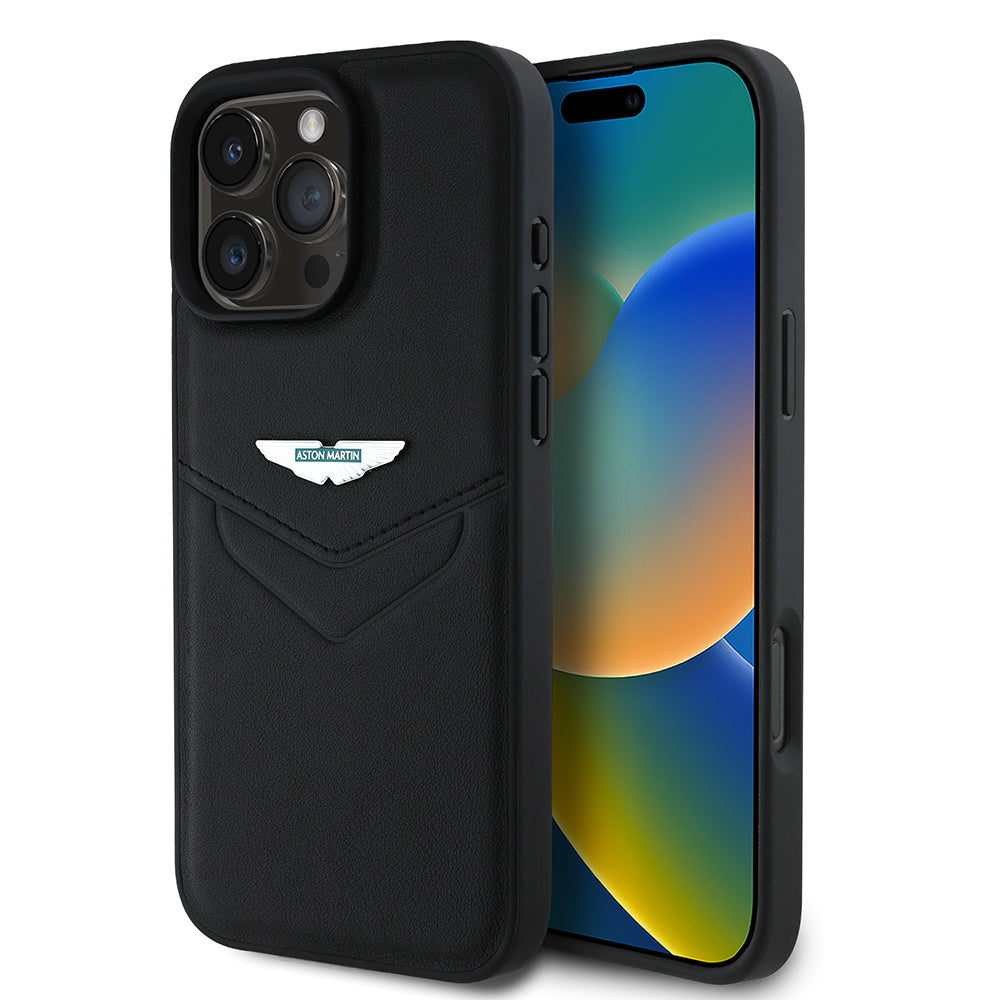 Apple iPhone 16 Pro Kılıf Aston Martin Orjinal Lisanslı Victory Dizayn PU Deri Metal Logolu Kapak Siyah
