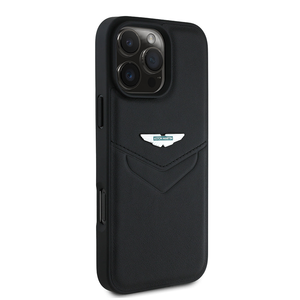 Apple iPhone 16 Pro Kılıf Aston Martin Orjinal Lisanslı Victory Dizayn PU Deri Metal Logolu Kapak Siyah
