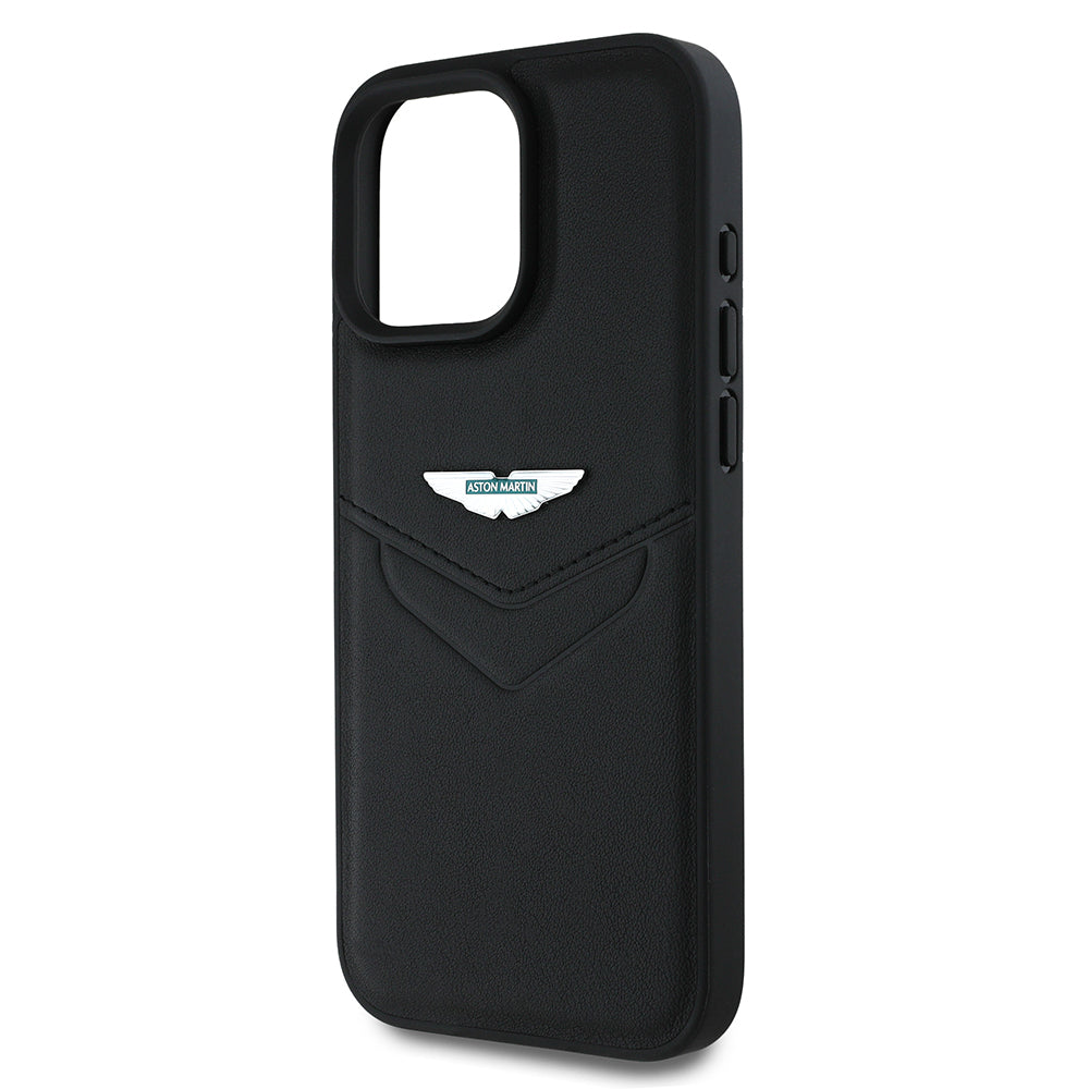Apple iPhone 16 Pro Kılıf Aston Martin Orjinal Lisanslı Victory Dizayn PU Deri Metal Logolu Kapak Siyah