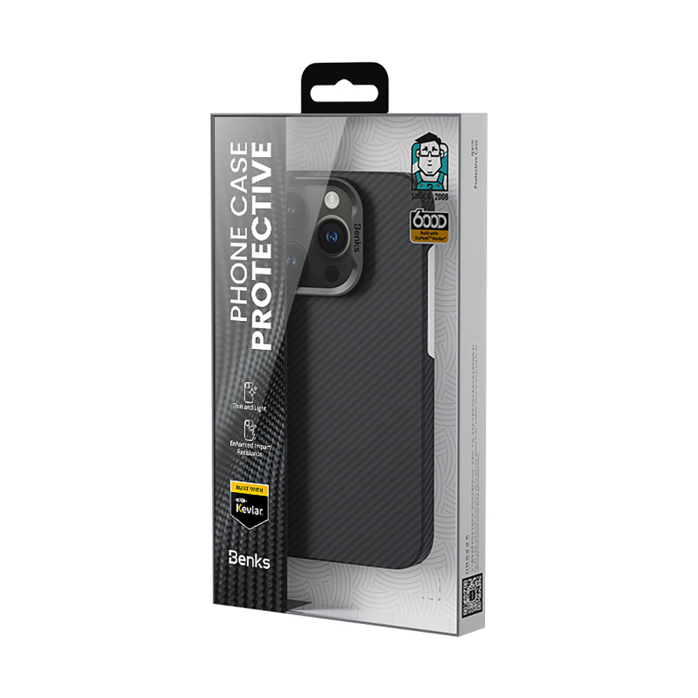 Apple iPhone 16 Pro Kılıf Benks M-safe Şarj Özellikli Metal Kamera Çerçeveli Magnetik ArmorAir 600D Kevlar Fiber Kapak Siyah