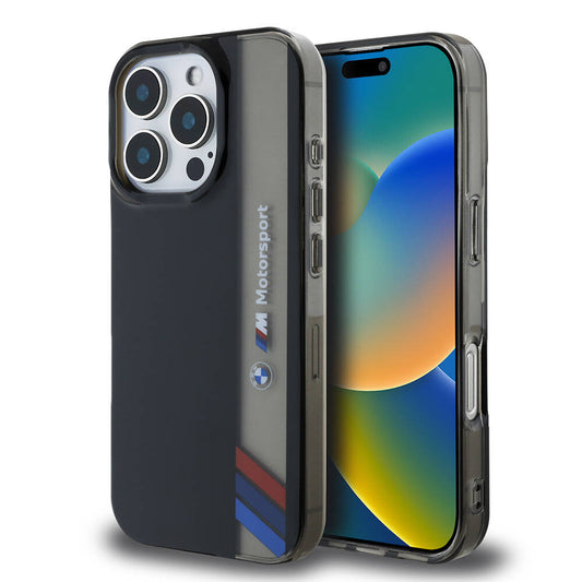 Apple iPhone 16 Pro Kılıf BMW Orjinal Lisanslı M Logolu Üç Renk Çizgili Motorsport Vertical Stripe Kapak Siyah