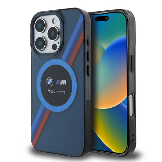 Apple iPhone 16 Pro Kılıf BMW Orjinal Lisanslı M-safe Şarj Özellikli M Logolu Üç Renk Çizgili Motorsport Circle Kapak Lacivert