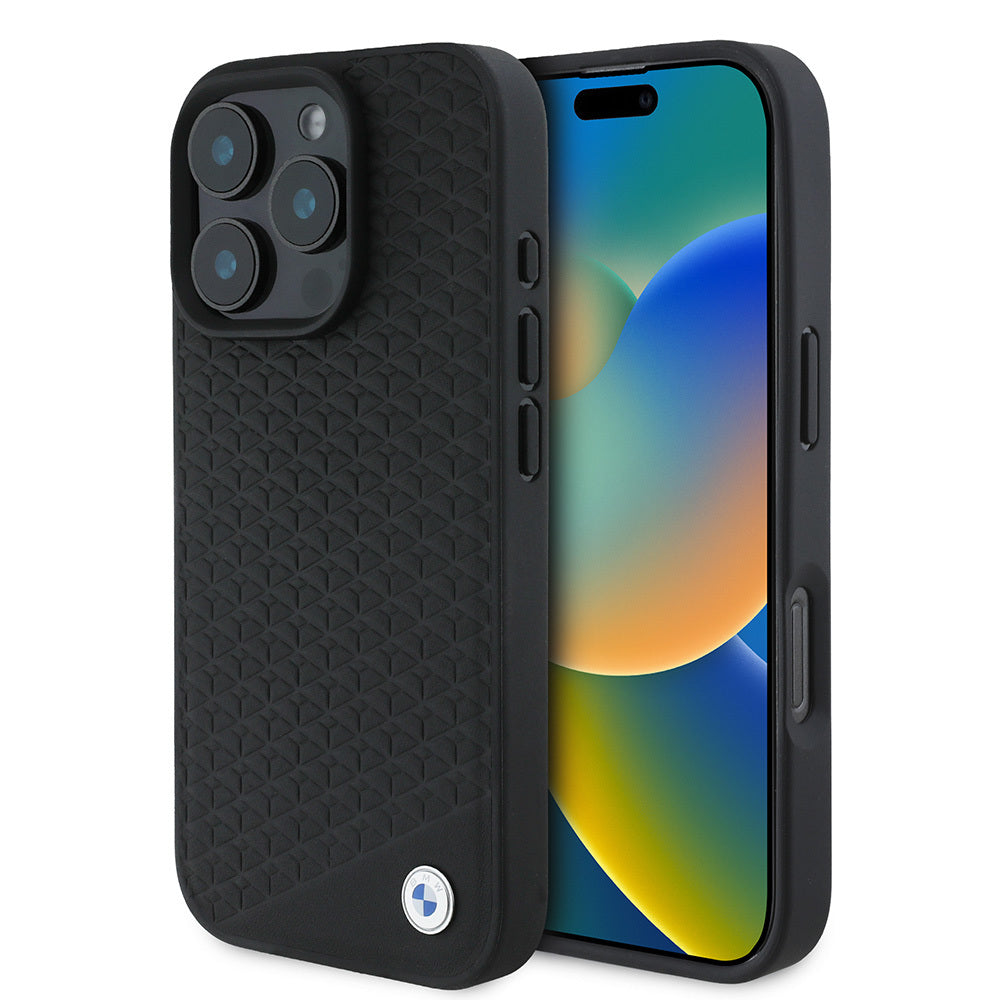 Apple iPhone 16 Pro Kılıf BMW Orjinal Lisanslı M-safe Şarj Özellikli Metal Logolu Dokulu Diamond Deri Kapak Siyah