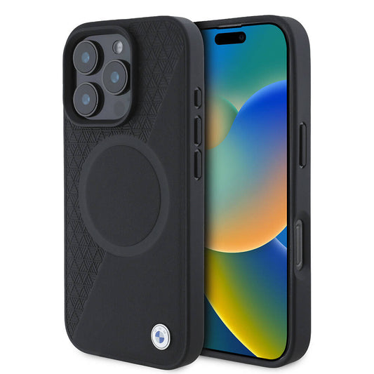 Apple iPhone 16 Pro Kılıf BMW Orjinal Lisanslı M-safe Şarj Özellikli Metal Logolu Yarım Dokulu Circle Deri Kapak Siyah