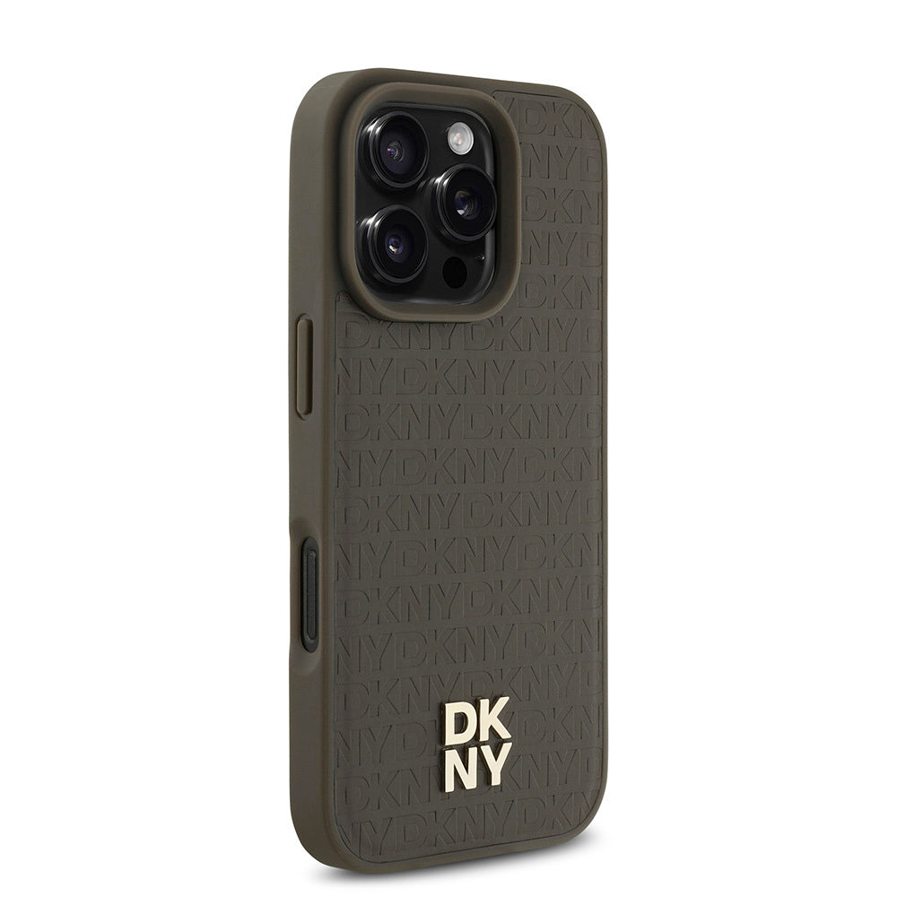 Apple iPhone 16 Pro Kılıf DKNY Orjinal Lisanslı M-safe Şarj Özellikli 3D Yazılı Repeat Pattern Kapak Kahverengi