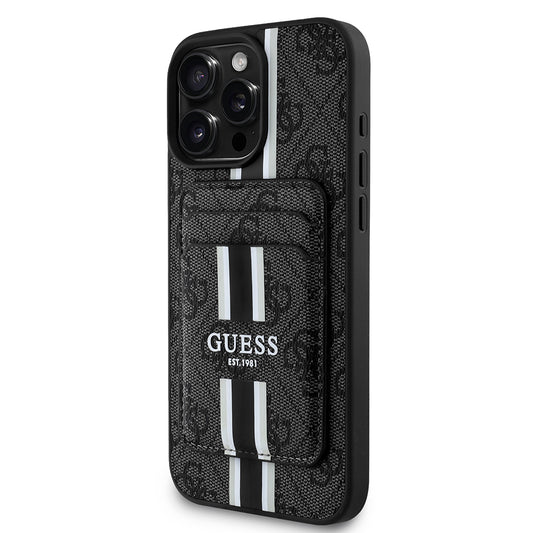 Apple iPhone 16 Pro Kılıf Guess Orjinal Lisanslı M-safe Şarj Özellikli 4G Desenli Çizgili Kartlıklı Kapak Siyah