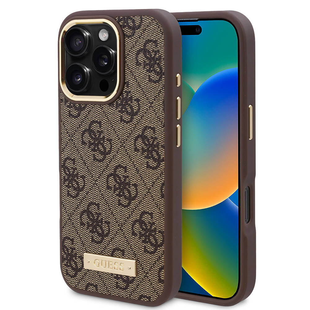 Apple iPhone 16 Pro Kılıf Guess Orjinal Lisanslı M-safe Şarj Özellikli 4G Desenli PU Metal Plaka Klasik Logolu Kapak Kahverengi