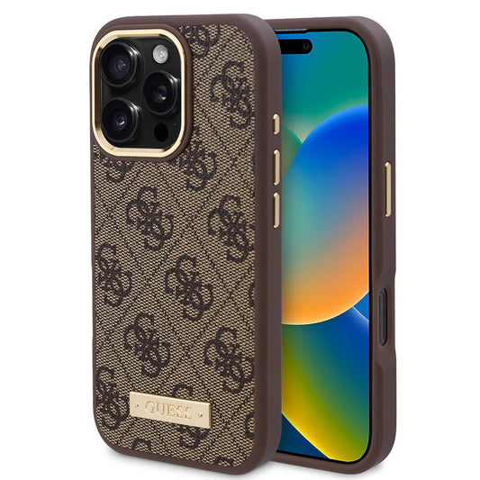 Apple iPhone 16 Pro Kılıf Guess Orjinal Lisanslı M-safe Şarj Özellikli 4G Desenli PU Metal Plaka Klasik Logolu Kapak Kahverengi