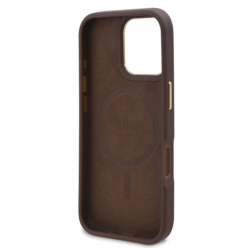 Apple iPhone 16 Pro Kılıf Guess Orjinal Lisanslı M-safe Şarj Özellikli 4G Desenli PU Metal Plaka Klasik Logolu Kapak Pembe