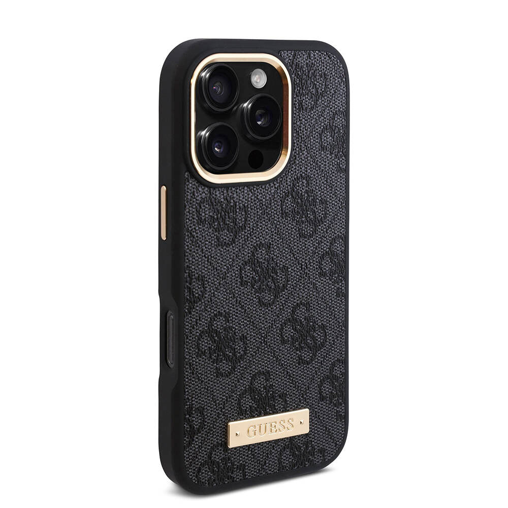 Apple iPhone 16 Pro Kılıf Guess Orjinal Lisanslı M-safe Şarj Özellikli 4G Desenli PU Metal Plaka Klasik Logolu Kapak Kahverengi