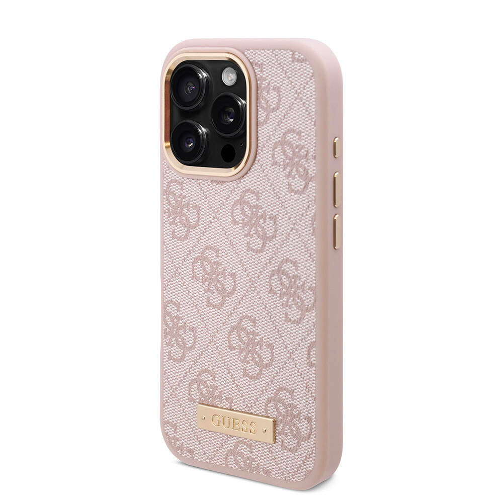 Apple iPhone 16 Pro Kılıf Guess Orjinal Lisanslı M-safe Şarj Özellikli 4G Desenli PU Metal Plaka Klasik Logolu Kapak Pembe