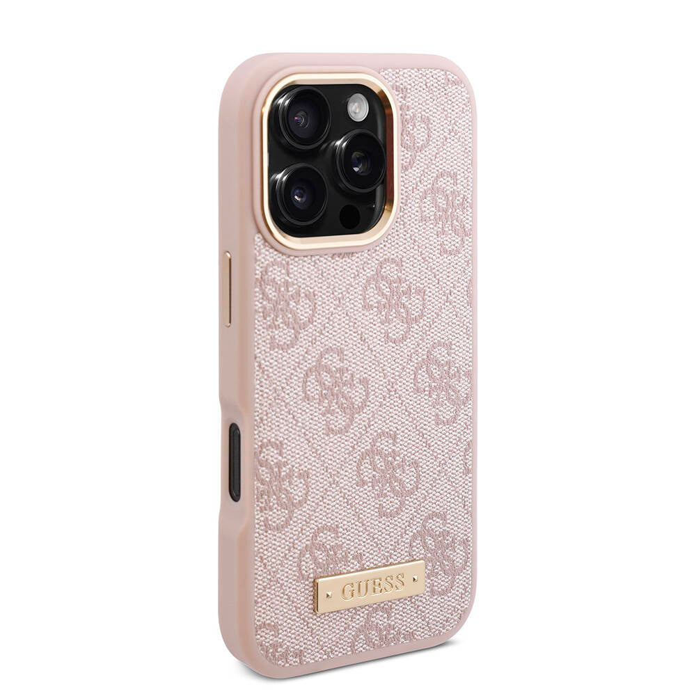 Apple iPhone 16 Pro Kılıf Guess Orjinal Lisanslı M-safe Şarj Özellikli 4G Desenli PU Metal Plaka Klasik Logolu Kapak Kahverengi