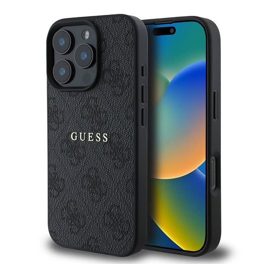 Apple iPhone 16 Pro Kılıf Guess Orjinal Lisanslı M-safe Şarj Özellikli 4G Desenli Yazı Logolu Kapak Kahverengi