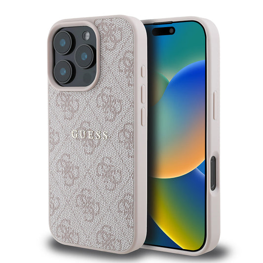Apple iPhone 16 Pro Kılıf Guess Orjinal Lisanslı M-safe Şarj Özellikli 4G Desenli Yazı Logolu Kapak Pembe