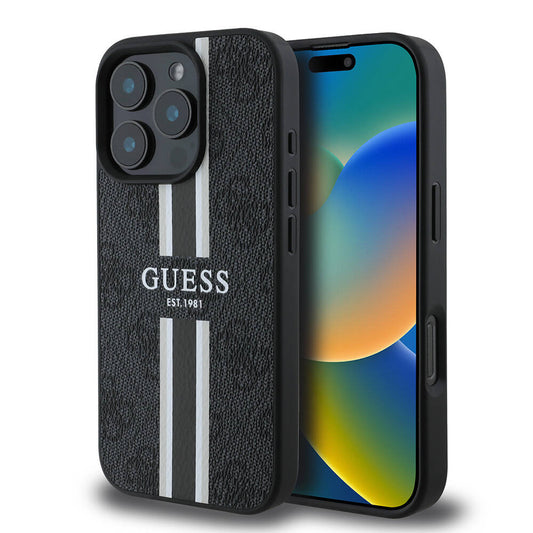 Apple iPhone 16 Pro Kılıf Guess Orjinal Lisanslı M-safe Şarj Özellikli 4G Şerit Tasarımlı Printed Kapak Kahverengi
