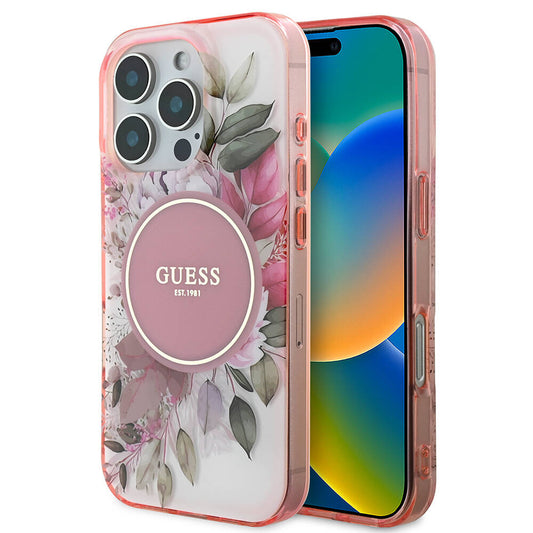Apple iPhone 16 Pro Kılıf Guess Orjinal Lisanslı M-safe Şarj Özellikli Flower Tonal Circle Kapak Pembe