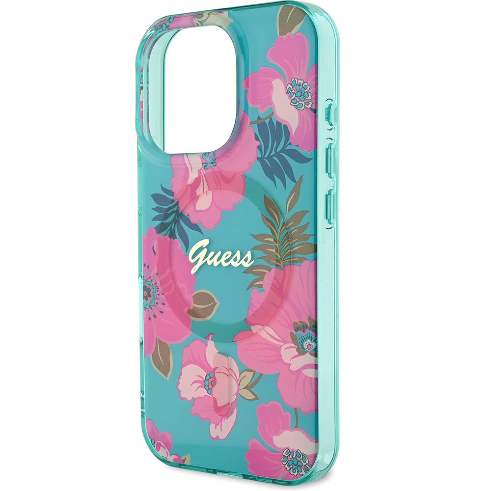 Apple iPhone 16 Pro Kılıf Guess Orjinal Lisanslı M-safe Şarj Özellikli Flower Tone On Tone Ring Kapak Pembe