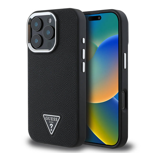Apple iPhone 16 Pro Kılıf Guess Orjinal Lisanslı M-safe Şarj Özellikli Grained Triangle Kapak Siyah