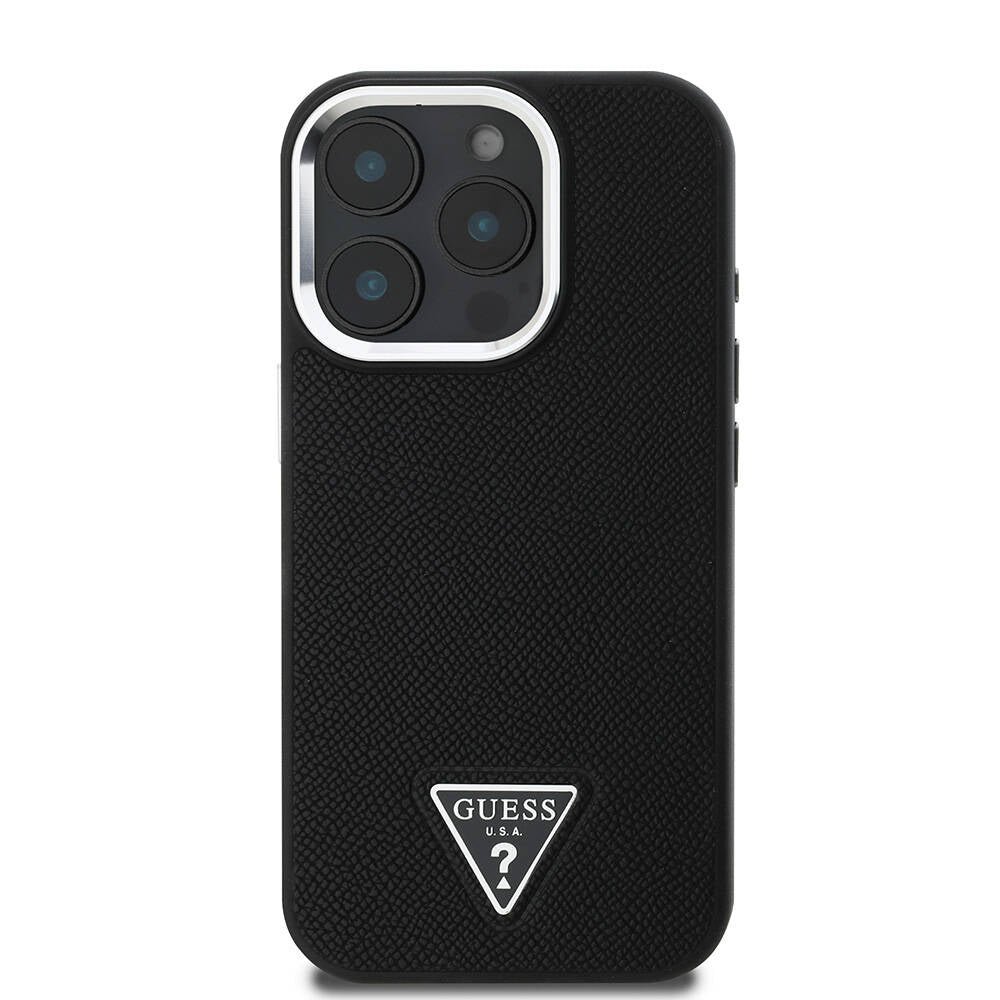 Apple iPhone 16 Pro Kılıf Guess Orjinal Lisanslı M-safe Şarj Özellikli Grained Triangle Kapak Kahverengi