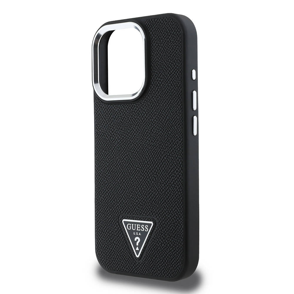 Apple iPhone 16 Pro Kılıf Guess Orjinal Lisanslı M-safe Şarj Özellikli Grained Triangle Kapak Siyah