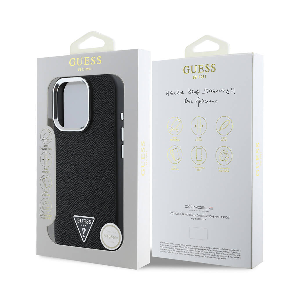Apple iPhone 16 Pro Kılıf Guess Orjinal Lisanslı M-safe Şarj Özellikli Grained Triangle Kapak Kahverengi