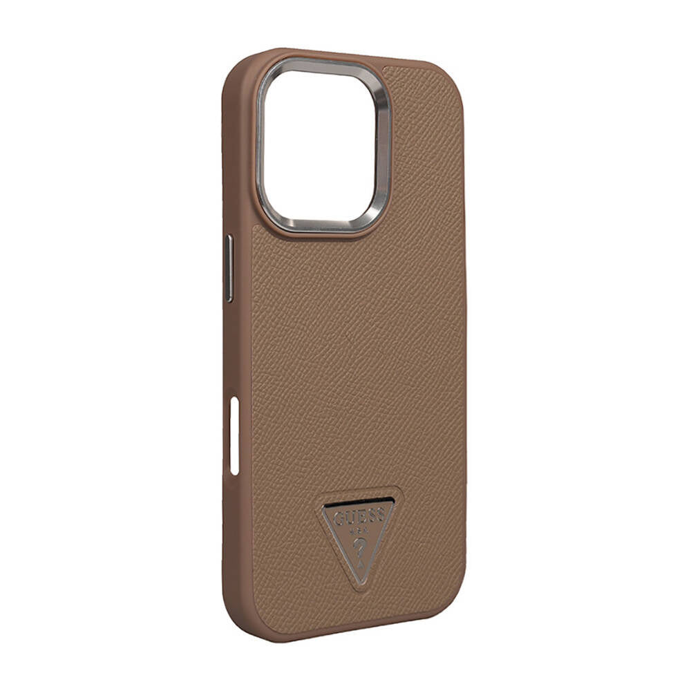 Apple iPhone 16 Pro Kılıf Guess Orjinal Lisanslı M-safe Şarj Özellikli Grained Triangle Kapak Kahverengi