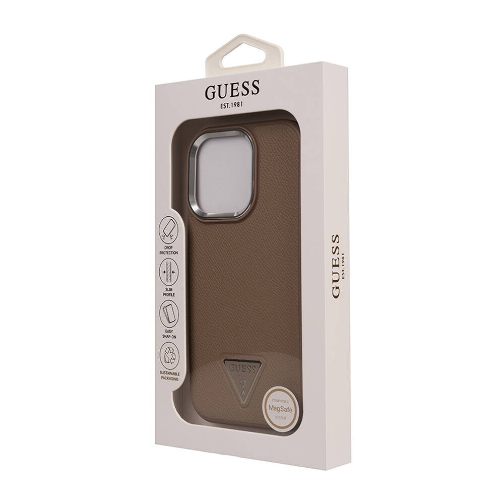 Apple iPhone 16 Pro Kılıf Guess Orjinal Lisanslı M-safe Şarj Özellikli Grained Triangle Kapak Kahverengi