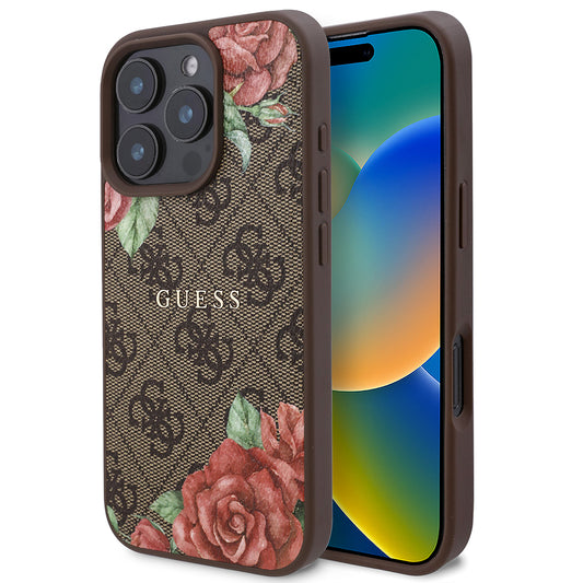 Apple iPhone 16 Pro Kılıf Guess Orjinal Lisanslı M-safe Şarj Özellikli Gül Baskılı 4G Desenli Yazı Logolu Kapak Kahverengi