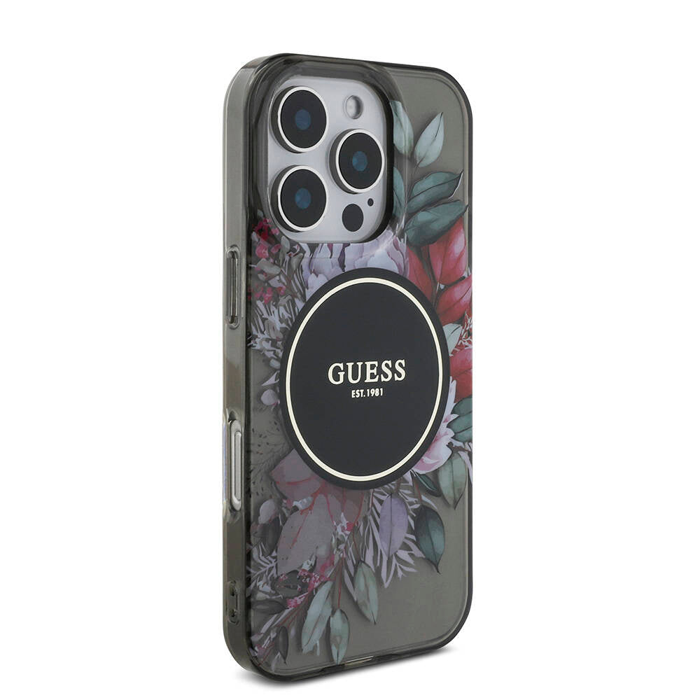 Apple iPhone 16 Pro Kılıf Guess Orjinal Lisanslı M-safe Şarj Özellikli IML Baskılı Çiçek İnci Bileklikli Kapak Yeşil