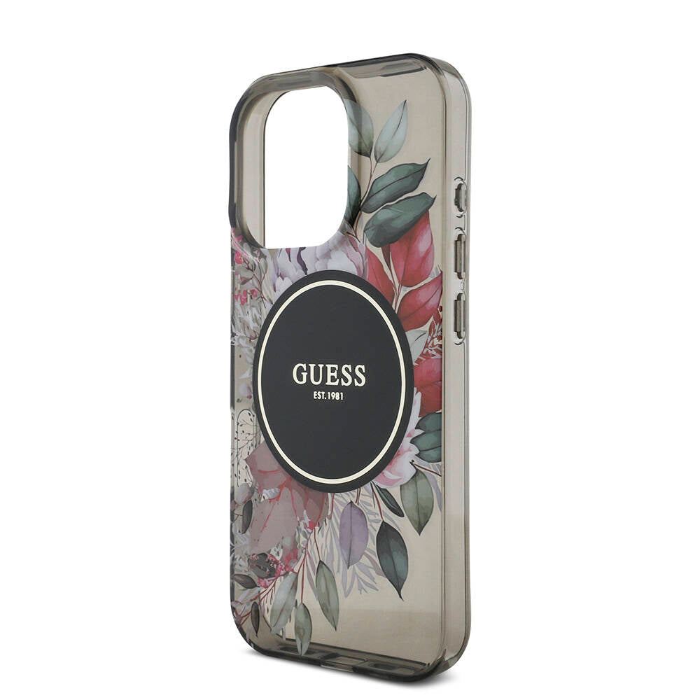 Apple iPhone 16 Pro Kılıf Guess Orjinal Lisanslı M-safe Şarj Özellikli IML Baskılı Çiçek İnci Bileklikli Kapak Pembe