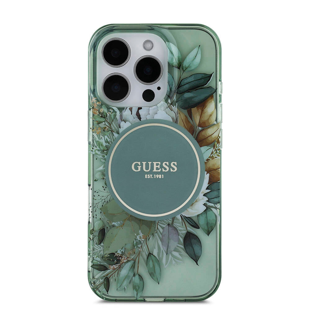 Apple iPhone 16 Pro Kılıf Guess Orjinal Lisanslı M-safe Şarj Özellikli IML Baskılı Çiçek İnci Bileklikli Kapak Siyah