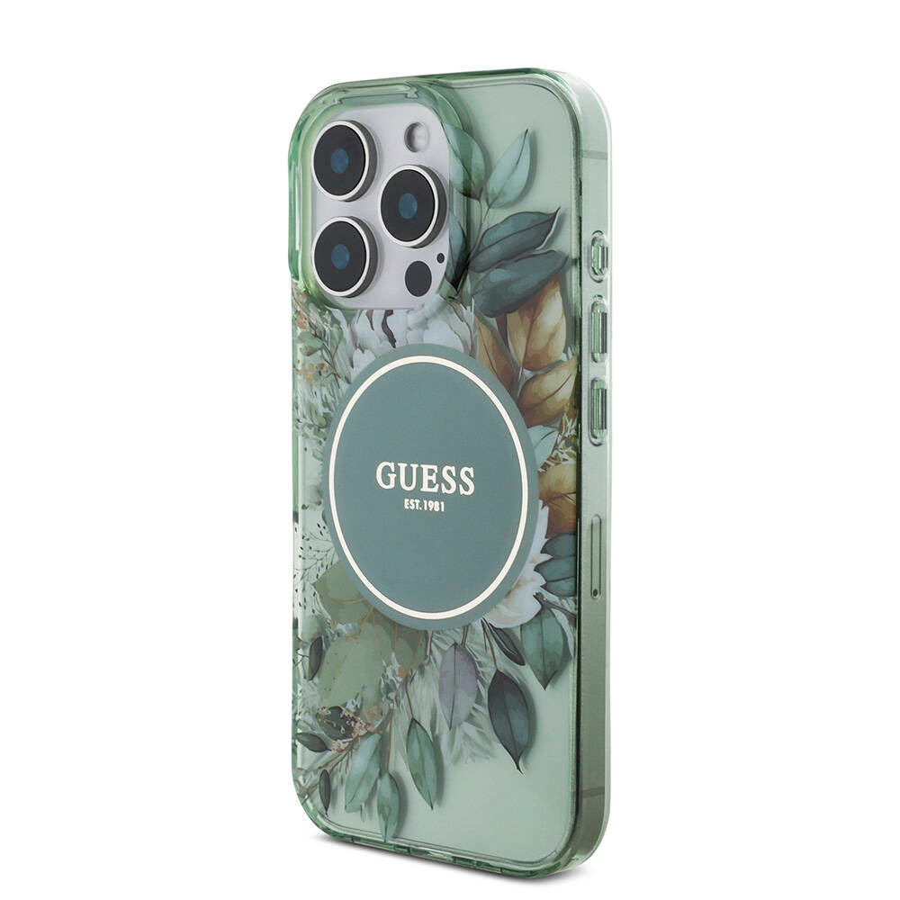 Apple iPhone 16 Pro Kılıf Guess Orjinal Lisanslı M-safe Şarj Özellikli IML Baskılı Çiçek İnci Bileklikli Kapak Pembe